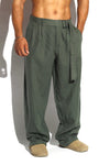 Belted Pleated Wide-Leg Linen Trousers