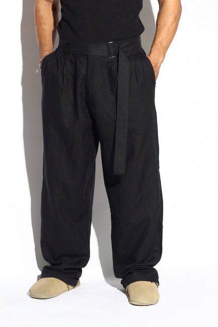 Belted Pleated Wide-Leg Linen Trousers