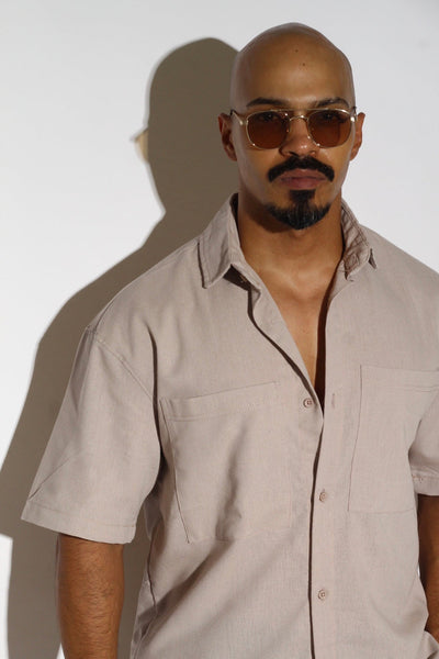 Dual Chest Pocket Short-Sleeve Linen-Blend Shirt