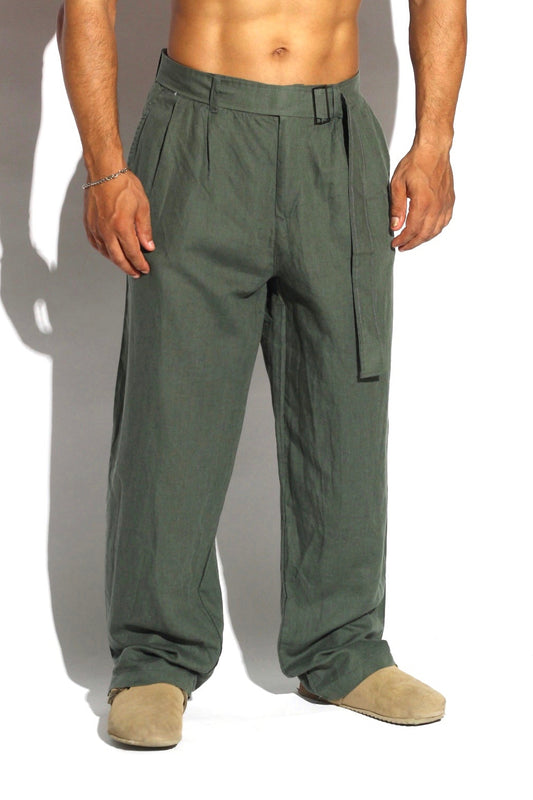 Belted Pleated Wide-Leg Linen Trousers