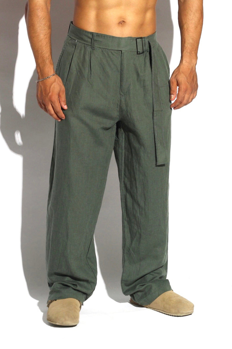 Belted Pleated Wide-Leg Linen Trousers